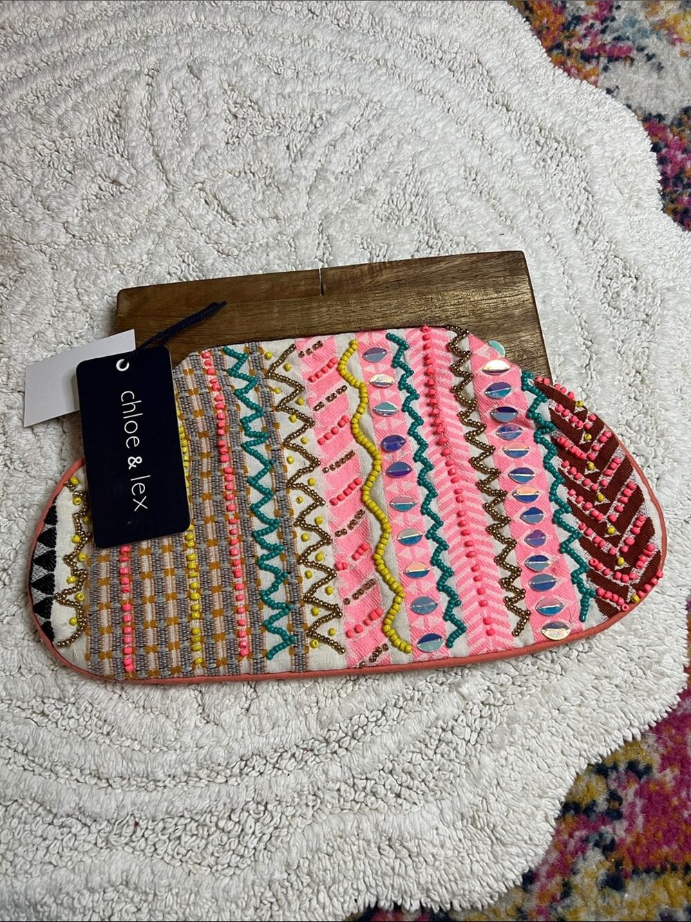 Chloe & Lex PINK PARTY CLUTCH WITH WOODEN SNAP HANDLE Beaded Embellished Bag